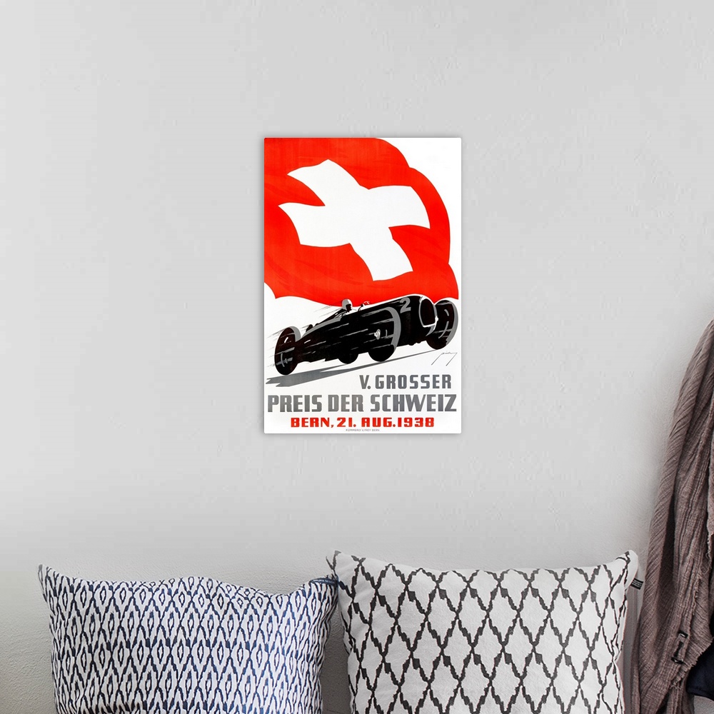 A bohemian room featuring Retro styled poster printed on canvas of a racecar.