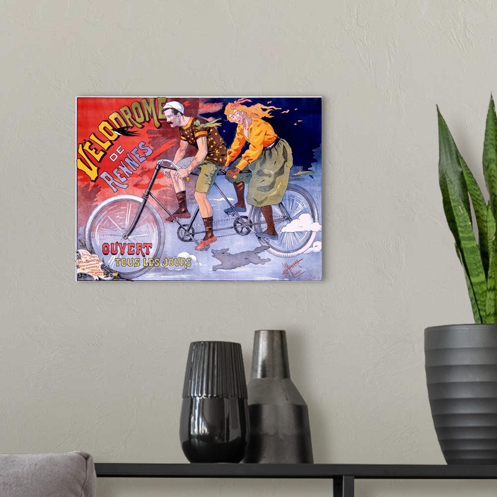 A modern room featuring Old poster print of couple riding on tandem bike down dark street at night.