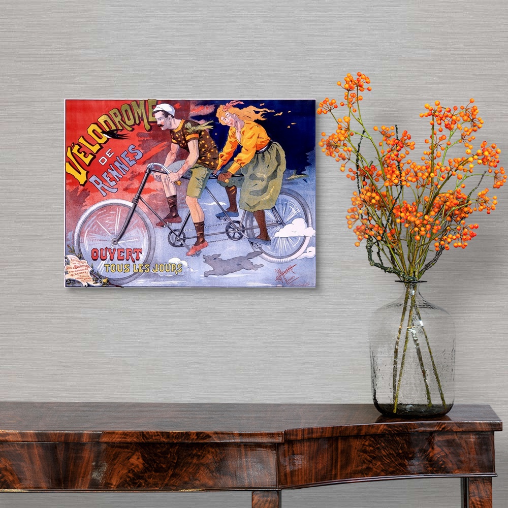 A traditional room featuring Old poster print of couple riding on tandem bike down dark street at night.