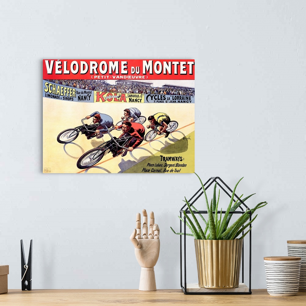 A bohemian room featuring Old advertising poster with cyclists on vintage bikes circling a raceway lined with stands full o...