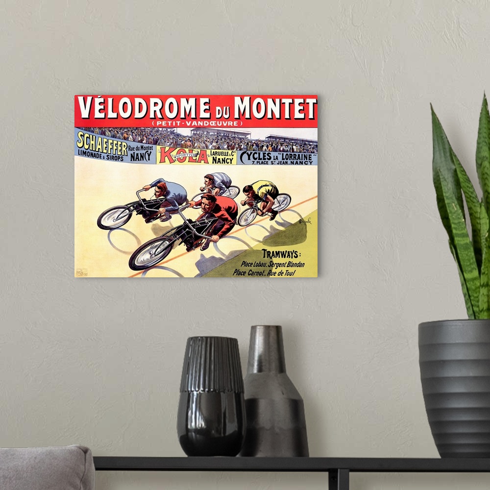A modern room featuring Old advertising poster with cyclists on vintage bikes circling a raceway lined with stands full o...
