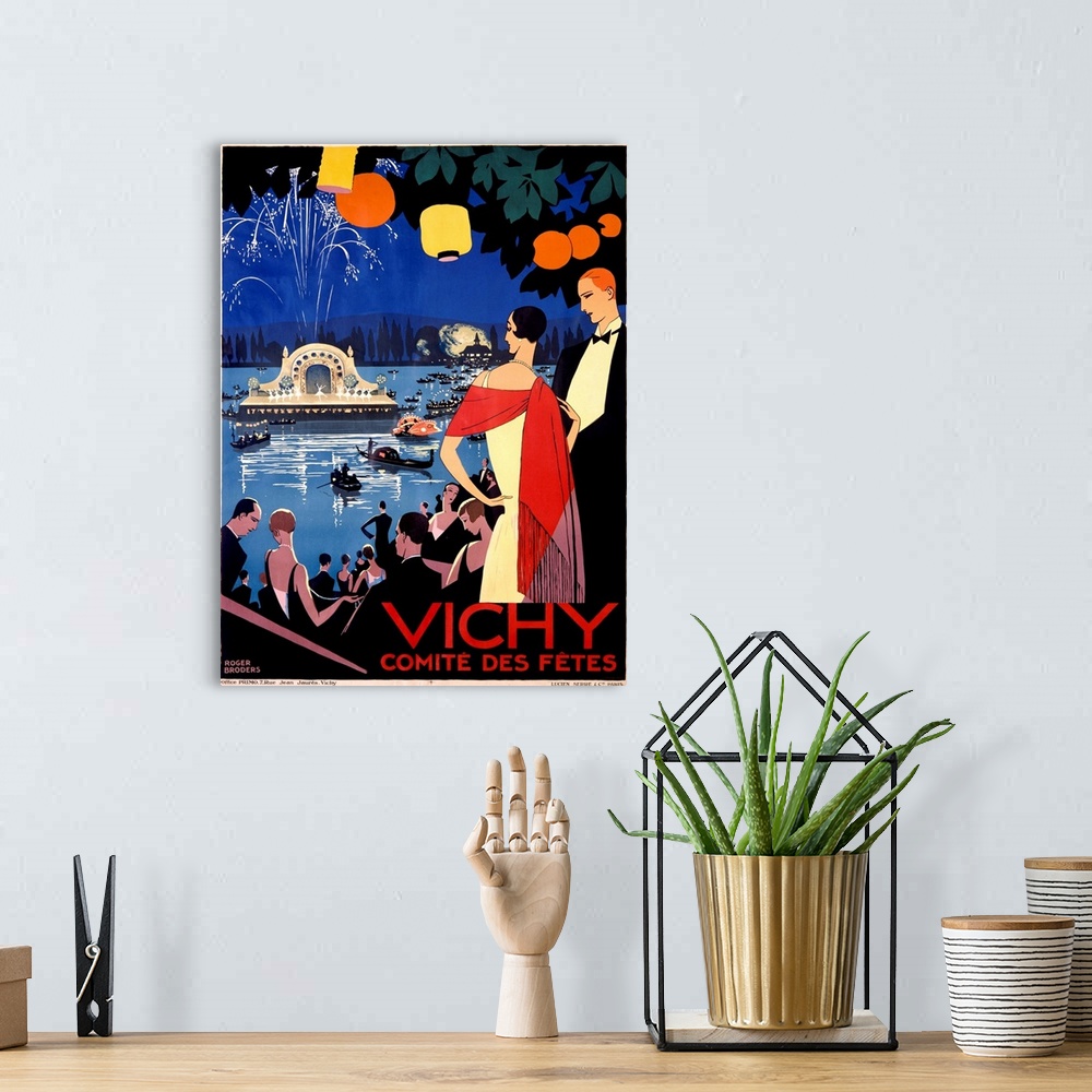 A bohemian room featuring Vertical, big vintage poster of an evening stage performance on water, with fireworks and surroun...