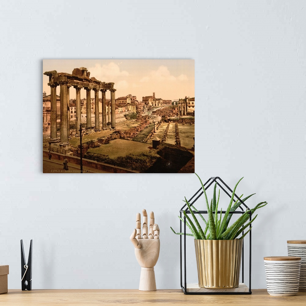 A bohemian room featuring Hand colored photograph of view of the forum, Rome, Italy.
