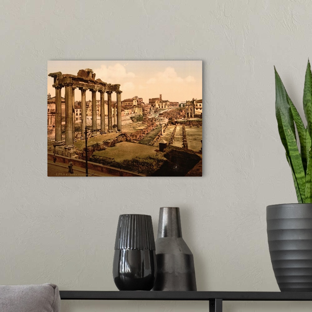 A modern room featuring Hand colored photograph of view of the forum, Rome, Italy.