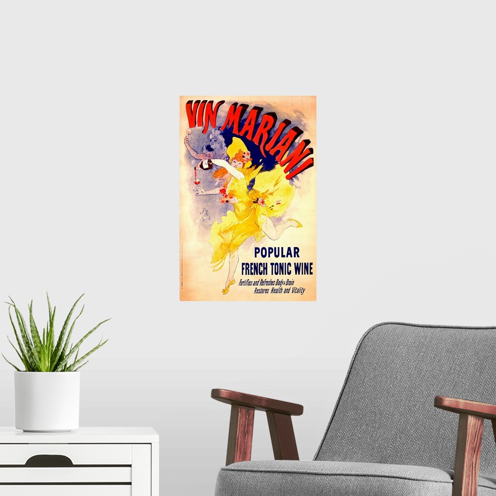 A modern room featuring Large, vertical vintage art advertisement for Vin Mariani, a "Popular France Tonic Wine".  A woma...