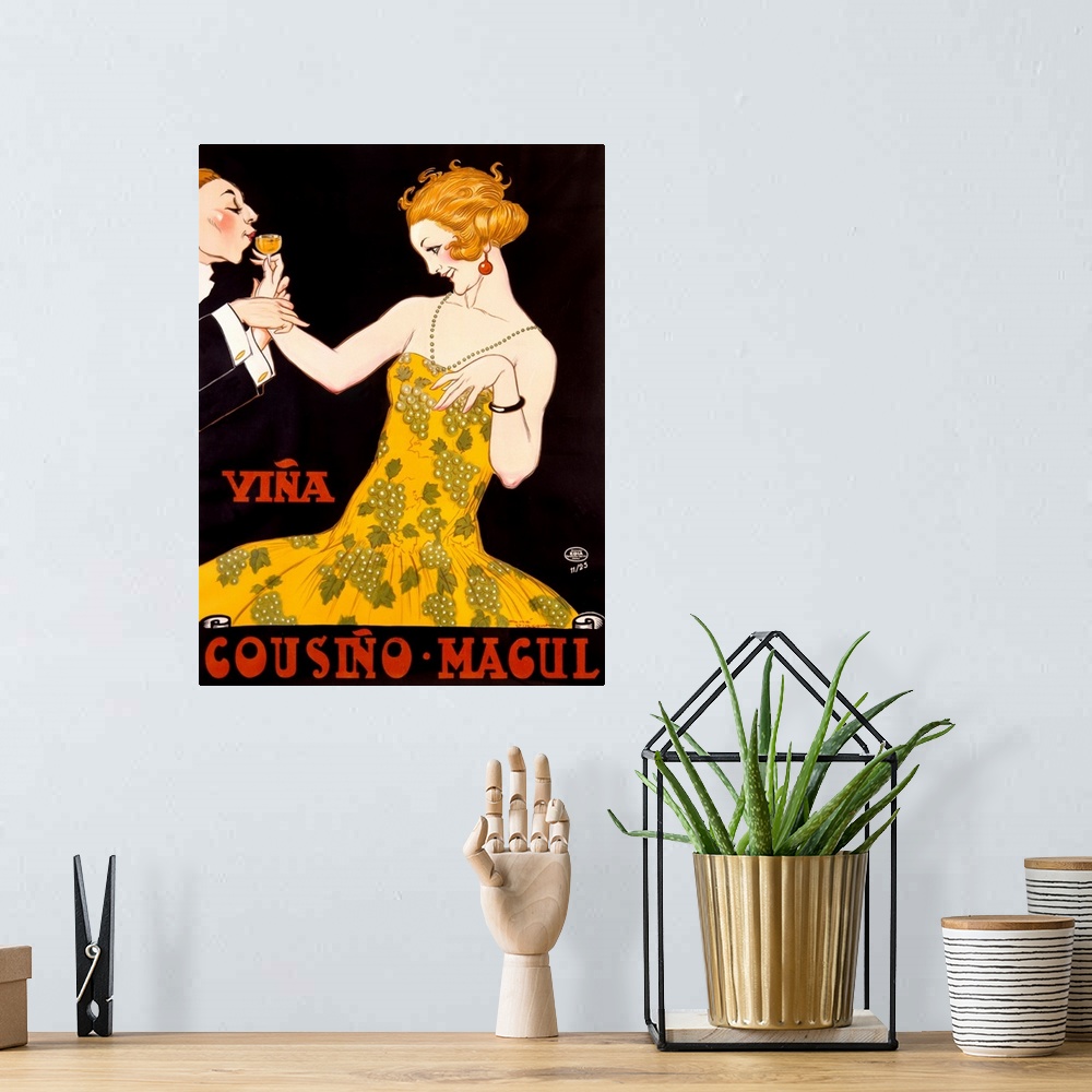 A bohemian room featuring An Art Deco advertising poster showing a young flapper in a dress printed with grapes sipping cha...