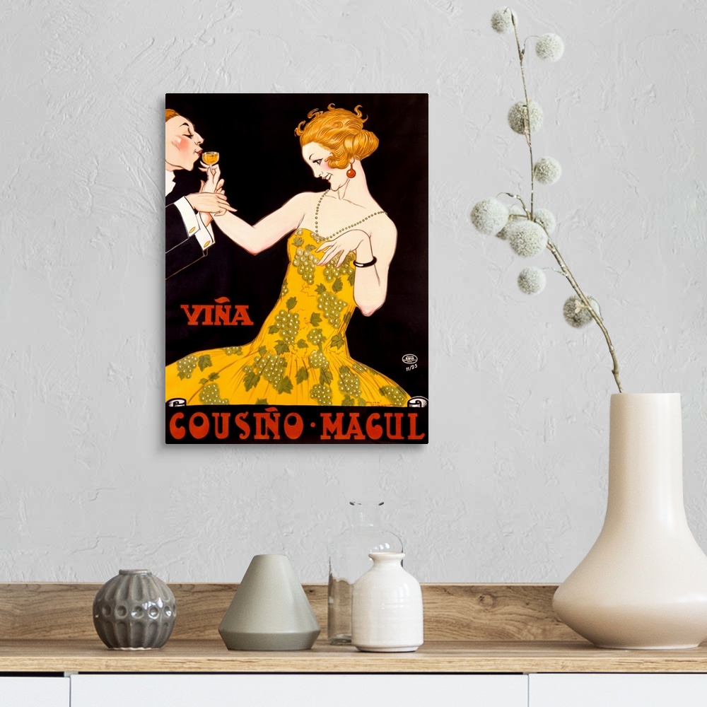 A farmhouse room featuring An Art Deco advertising poster showing a young flapper in a dress printed with grapes sipping cha...