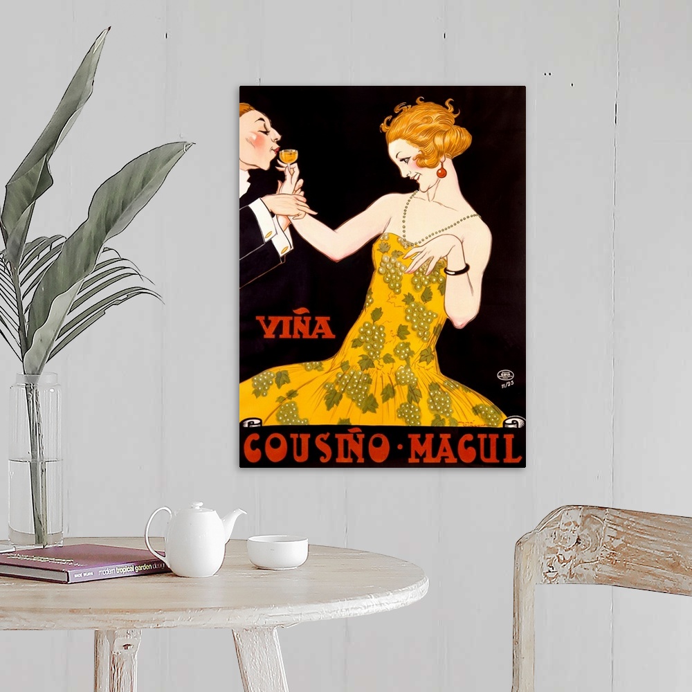 A farmhouse room featuring An Art Deco advertising poster showing a young flapper in a dress printed with grapes sipping cha...