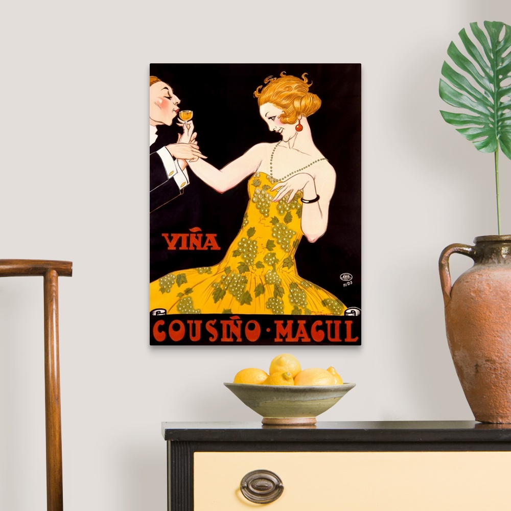 A traditional room featuring An Art Deco advertising poster showing a young flapper in a dress printed with grapes sipping cha...