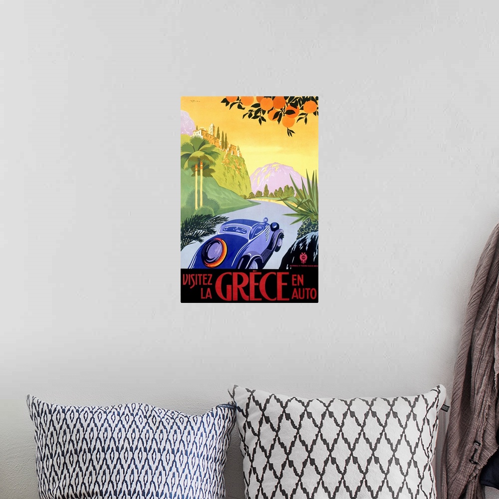 A bohemian room featuring Big antique advertising art for traveling through a country in Europe by car.  The car in the for...