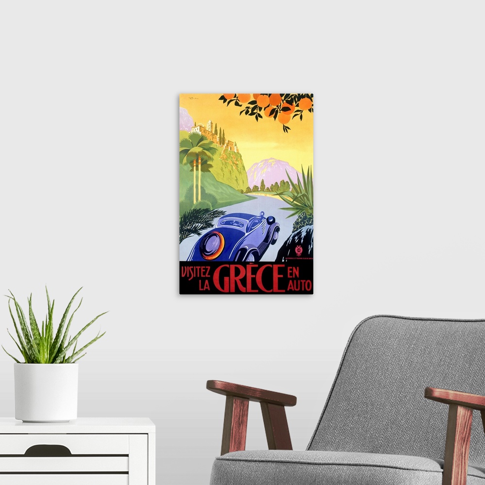 A modern room featuring Big antique advertising art for traveling through a country in Europe by car.  The car in the for...