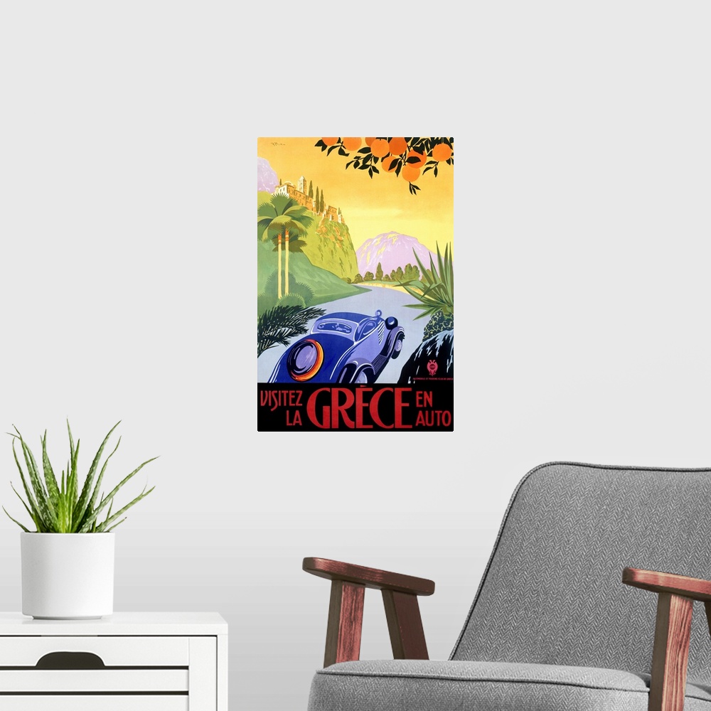 A modern room featuring Big antique advertising art for traveling through a country in Europe by car.  The car in the for...