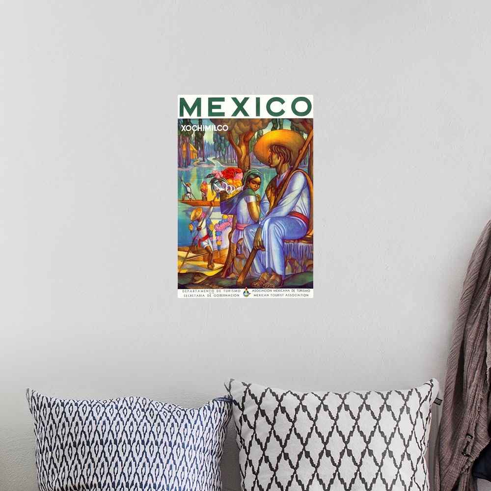 A bohemian room featuring Vintage Mexican tourist poster  with several men pushing boats through the water with long poles ...