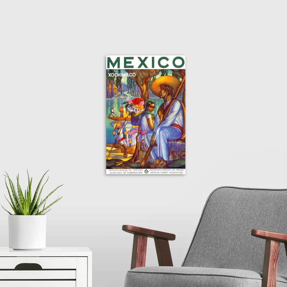 A modern room featuring Vintage Mexican tourist poster  with several men pushing boats through the water with long poles ...