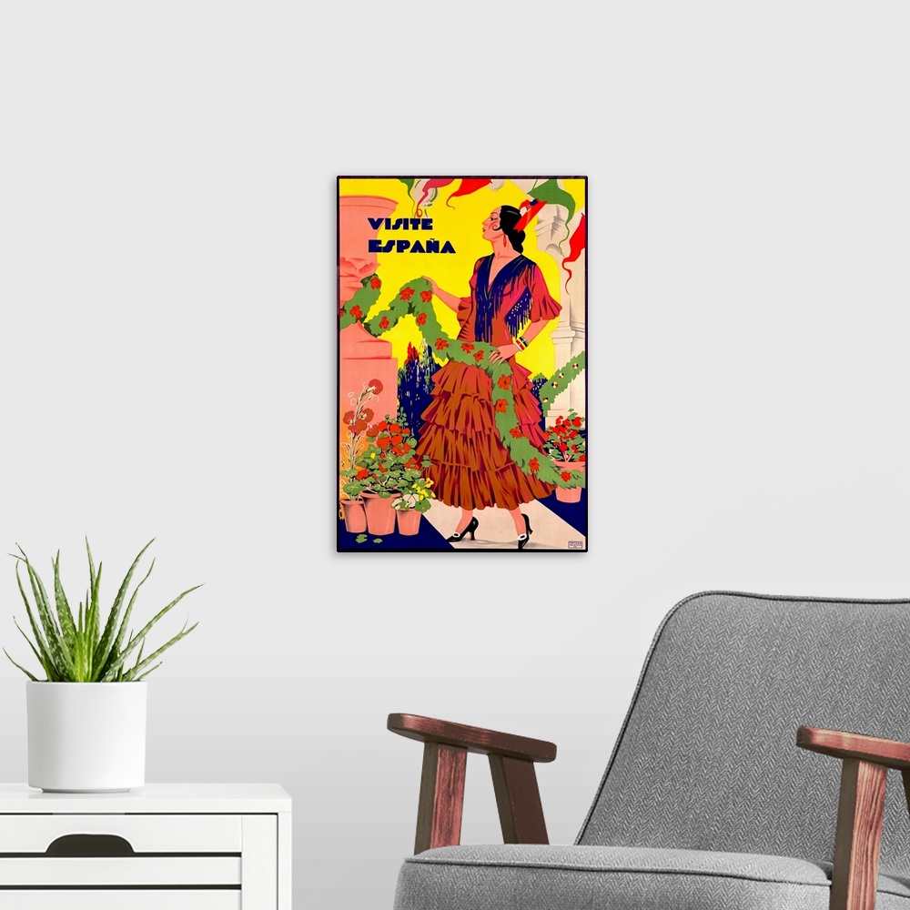 A modern room featuring Visite Espana, Vintage Poster