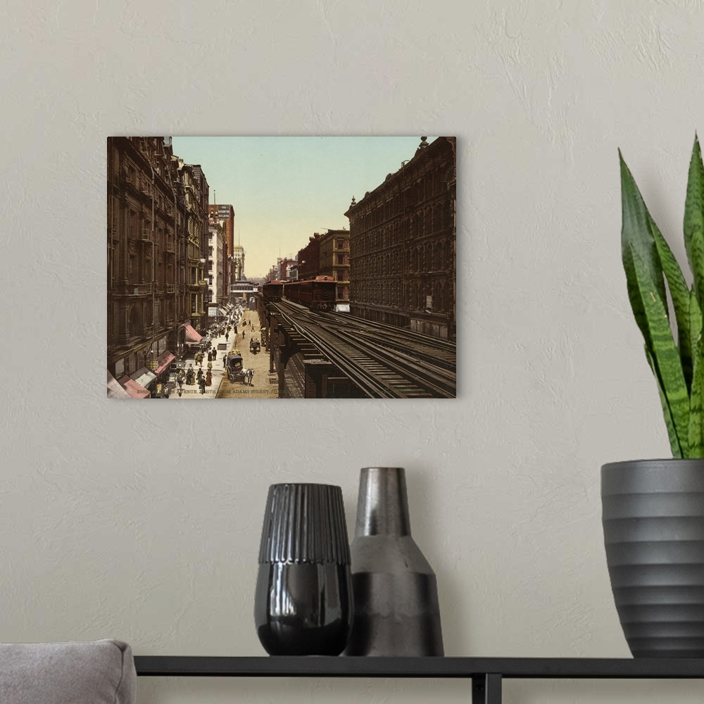 A modern room featuring Hand colored photograph of Wabash Avenue north from Adams Street, Chicago.