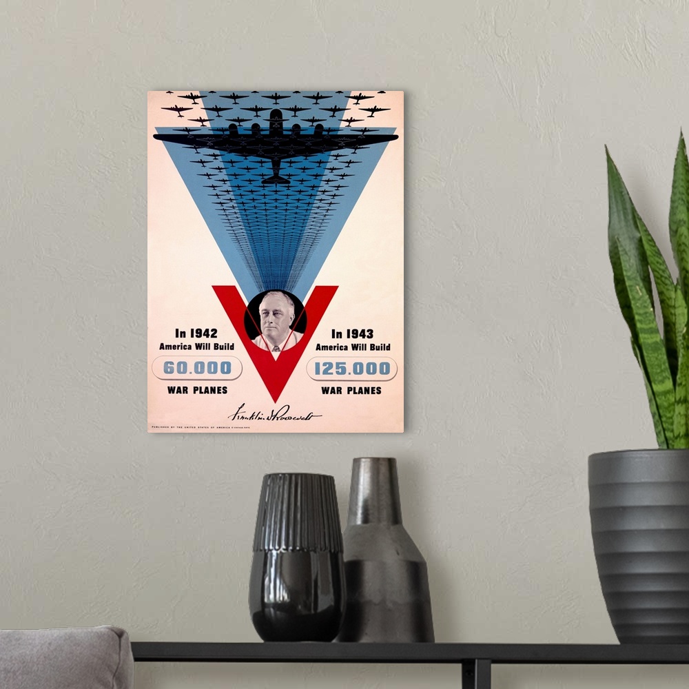 A modern room featuring War Planes, Victory, Franklin D. Roosevelt, Vintage Poster, by Jean Carlu