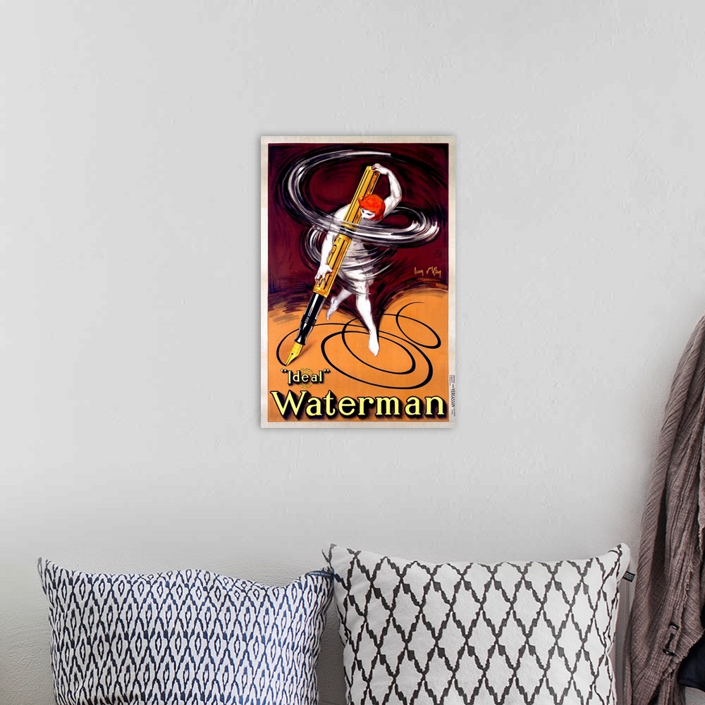 A bohemian room featuring This vintage art piece shows a man using a life size men twirling designs. The background contain...
