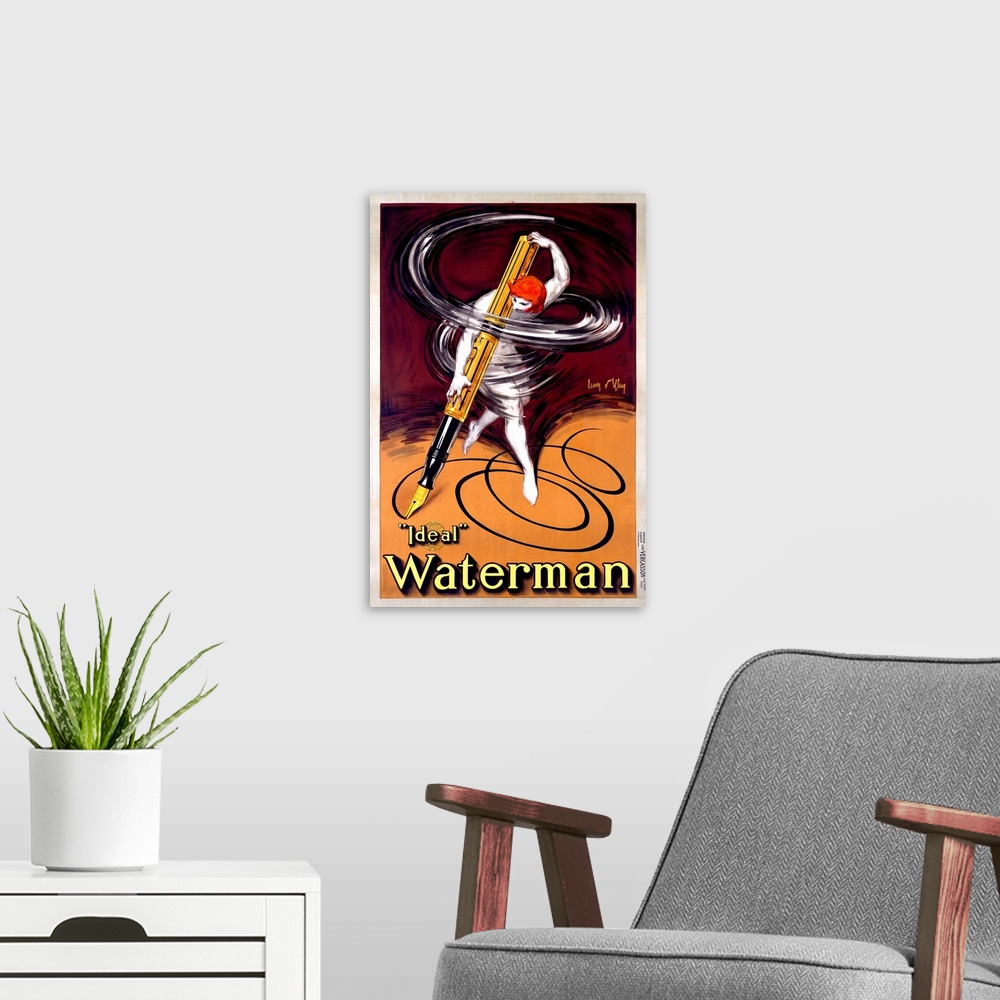A modern room featuring This vintage art piece shows a man using a life size men twirling designs. The background contain...