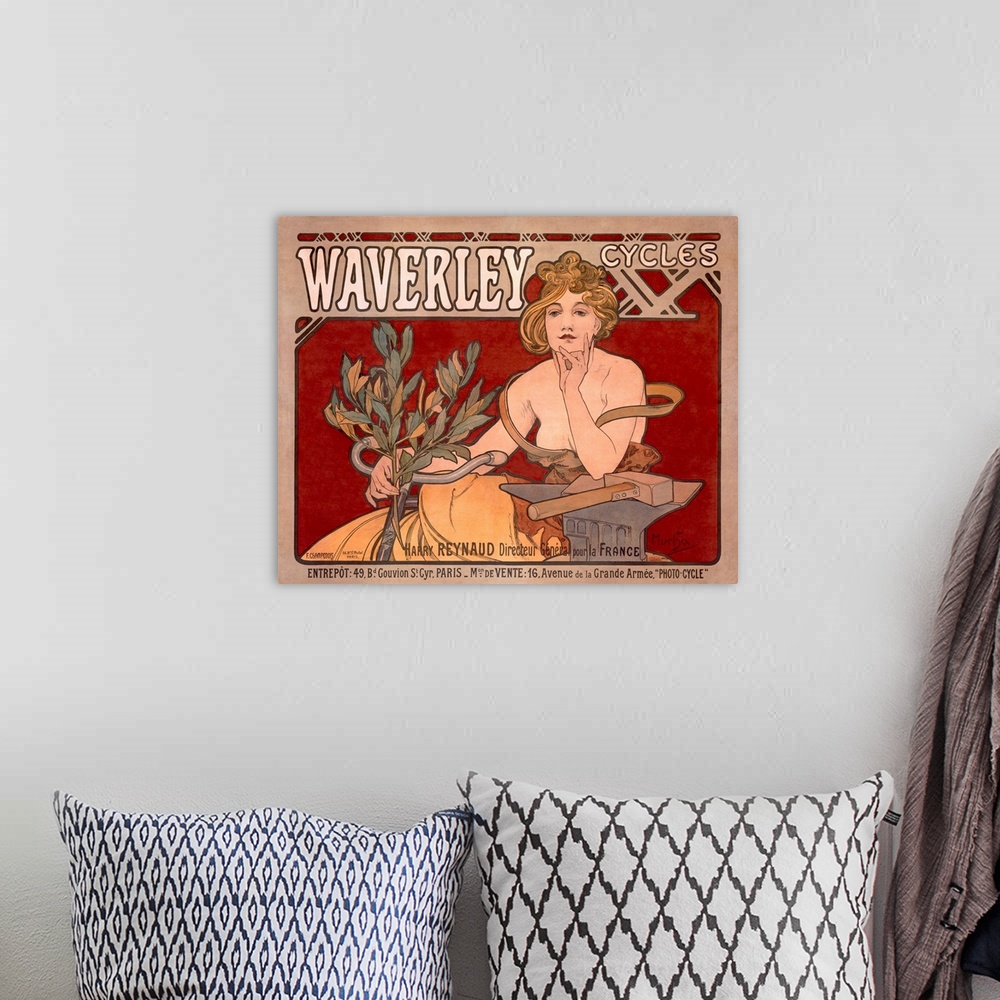 A bohemian room featuring Wall art of an antiqued painting on an advertisement of a woman sitting on a bike holding a plant...