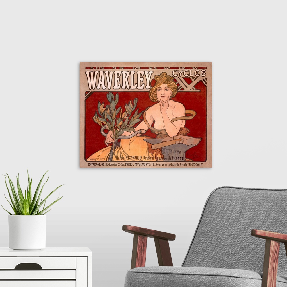 A modern room featuring Wall art of an antiqued painting on an advertisement of a woman sitting on a bike holding a plant...