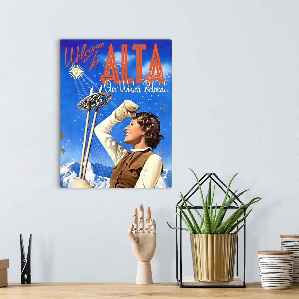 A bohemian room featuring Welcome To Alta Vintage Advertising Poster