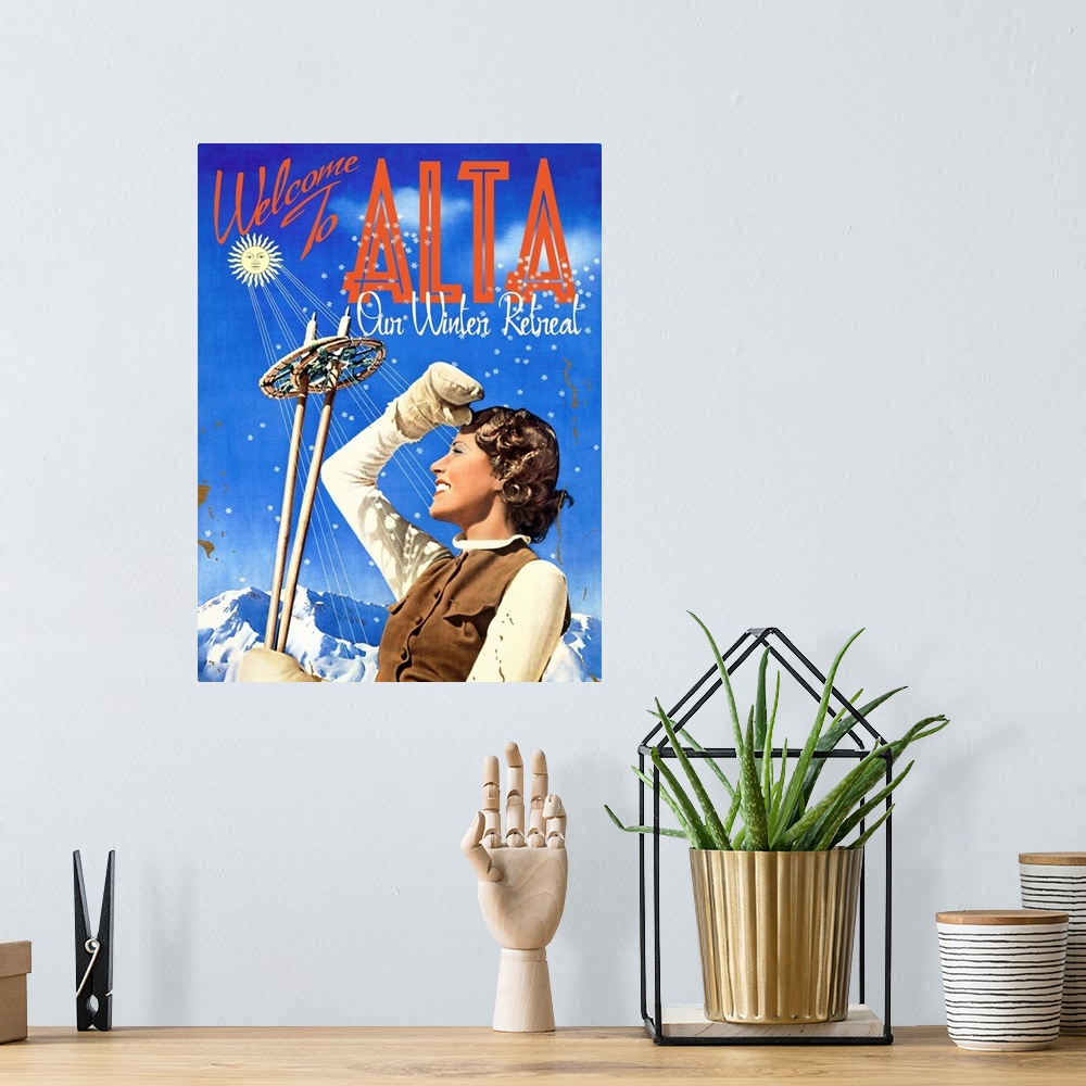 A bohemian room featuring Welcome To Alta Vintage Advertising Poster