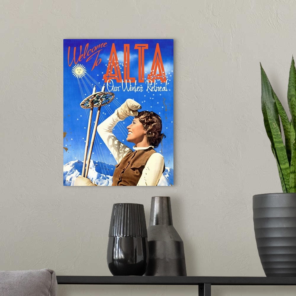 A modern room featuring Welcome To Alta Vintage Advertising Poster