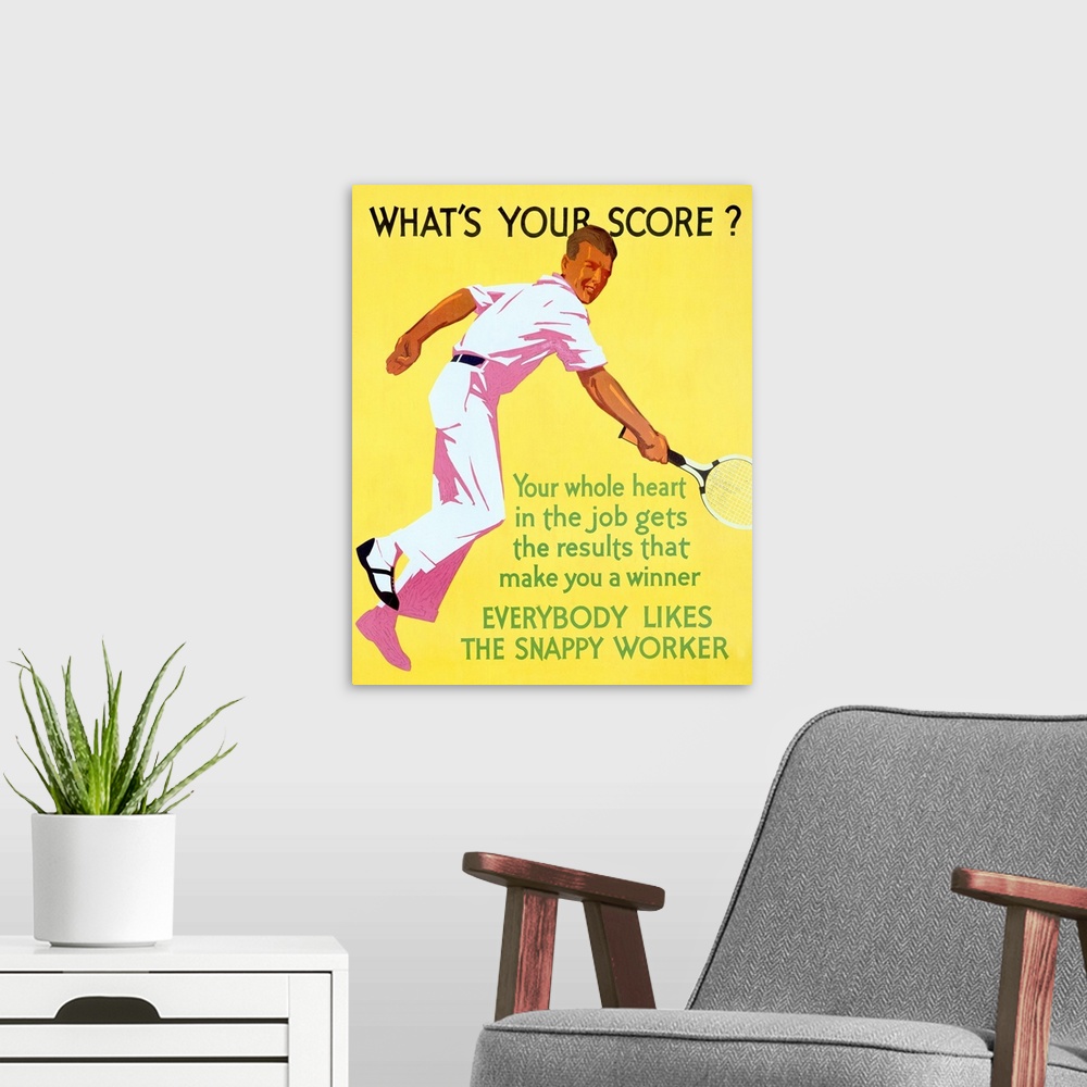 A modern room featuring An old poster advertisement for tennis with a man hitting a ball with a racket on a bright backgr...