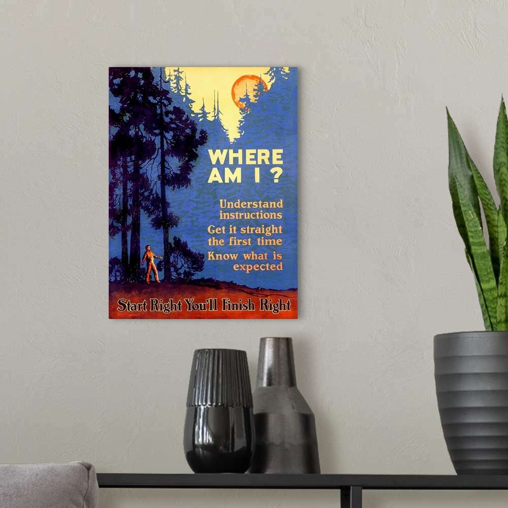 A modern room featuring Old poster with a man in the woods looking up at the moon with the text "Understand instructions,...