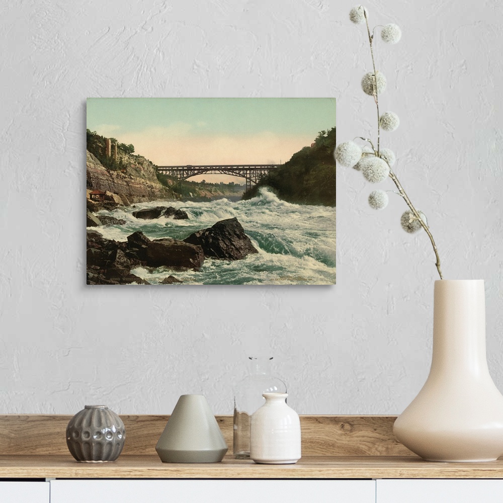 A farmhouse room featuring Hand colored photograph of whirlpool rapids, looking up Niagara.