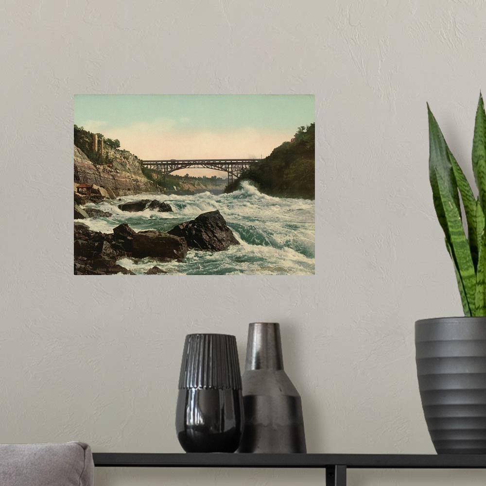 A modern room featuring Hand colored photograph of whirlpool rapids, looking up Niagara.