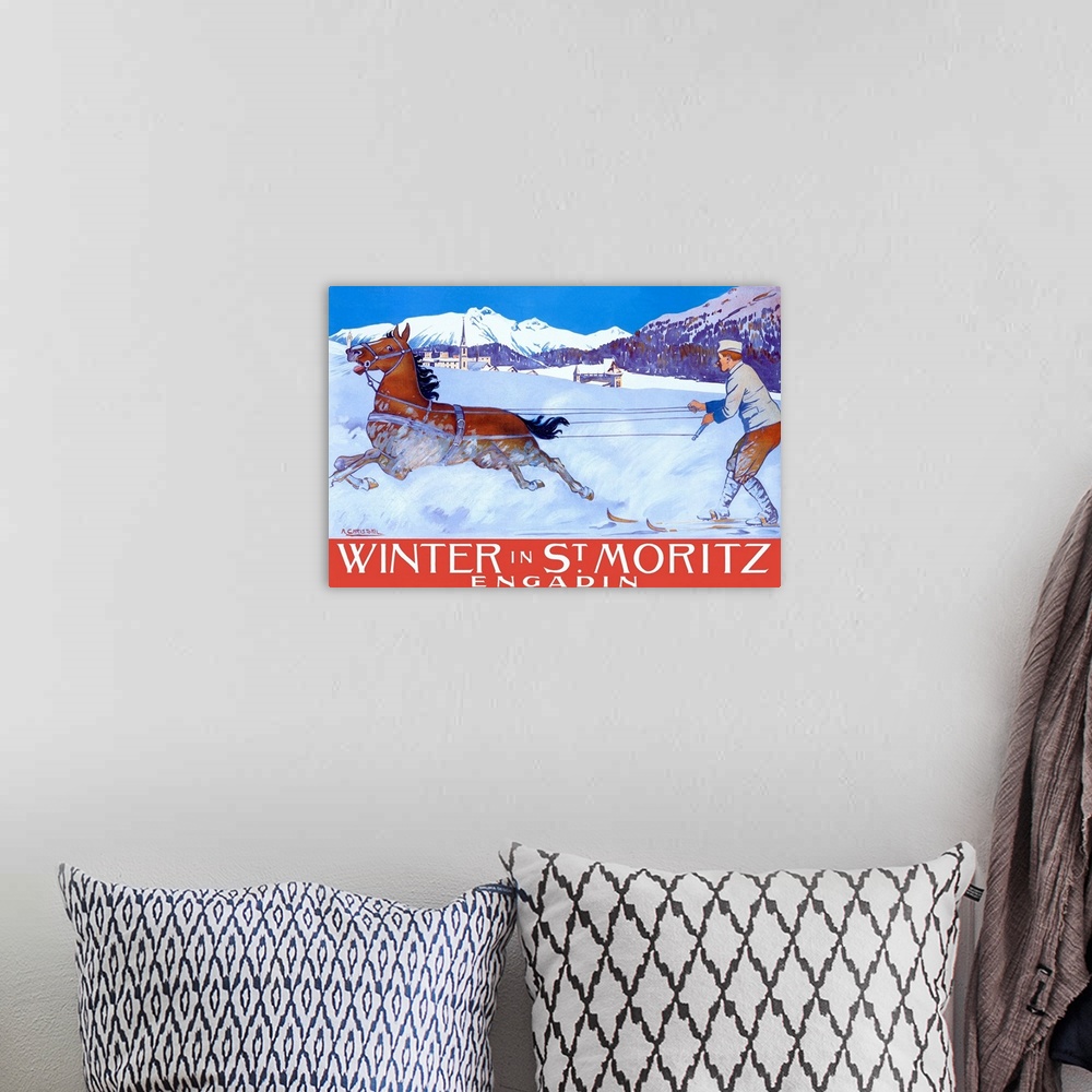A bohemian room featuring Vintage advertisement for winter in St. Moritz with a man on skis being pulled by a horse in fron...