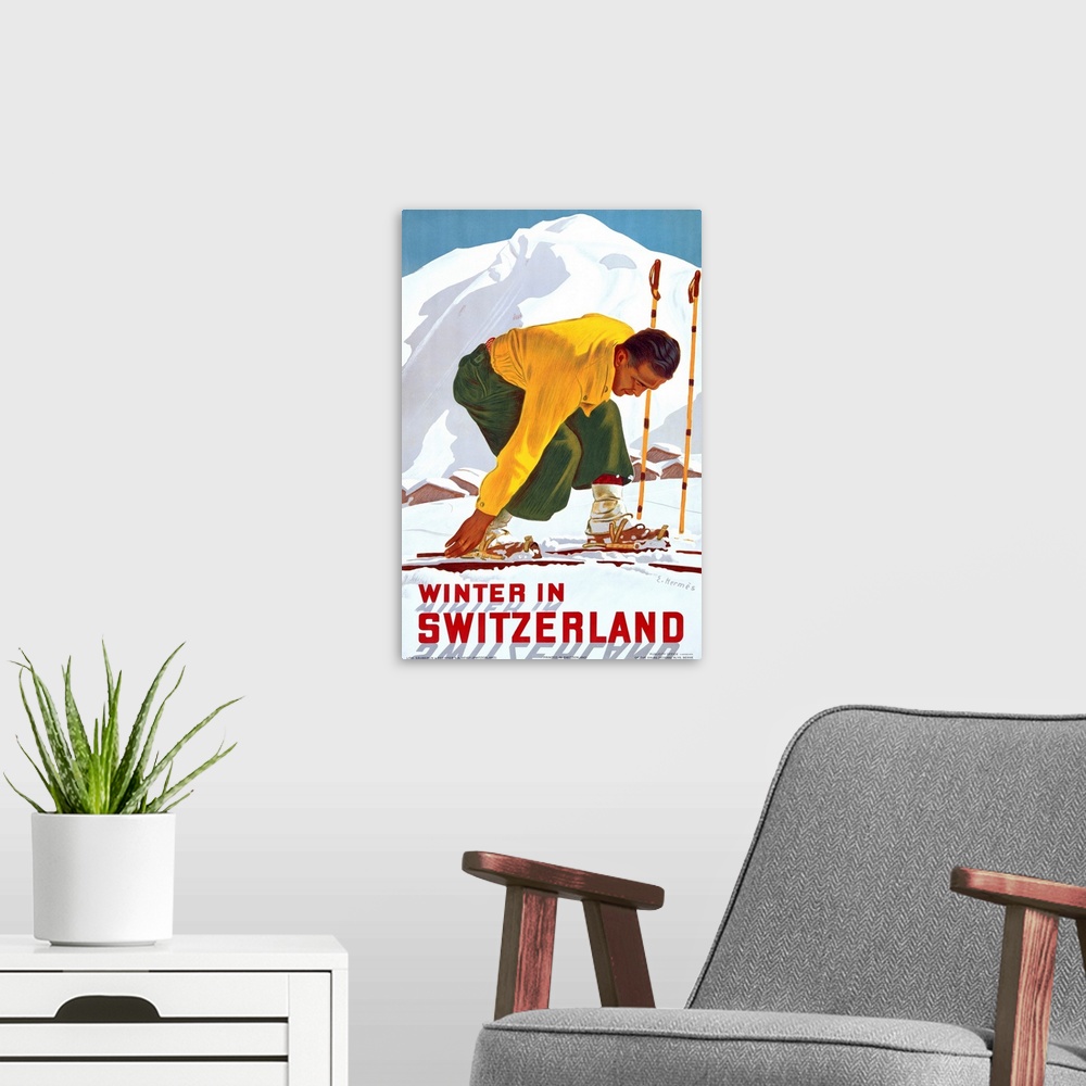 A modern room featuring Winter in Switzerland, Vintage Poster, by Erich Hermes