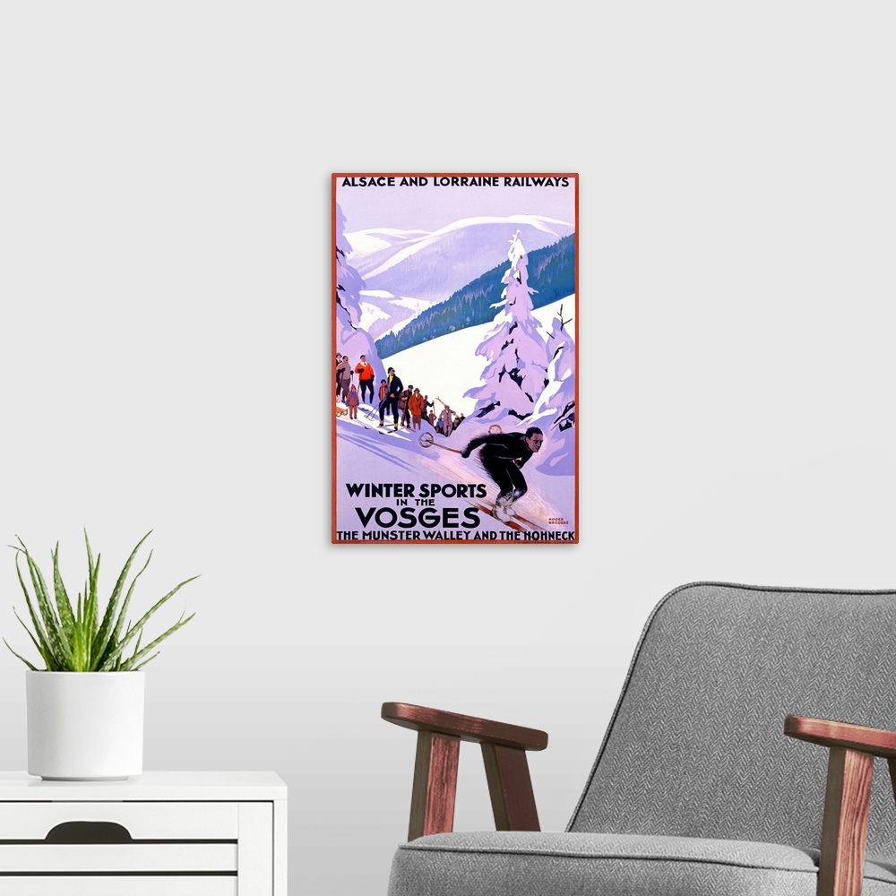 A modern room featuring Winter Sports in the Vosges, Alsace and Lorrain Railways, Vintage Poster