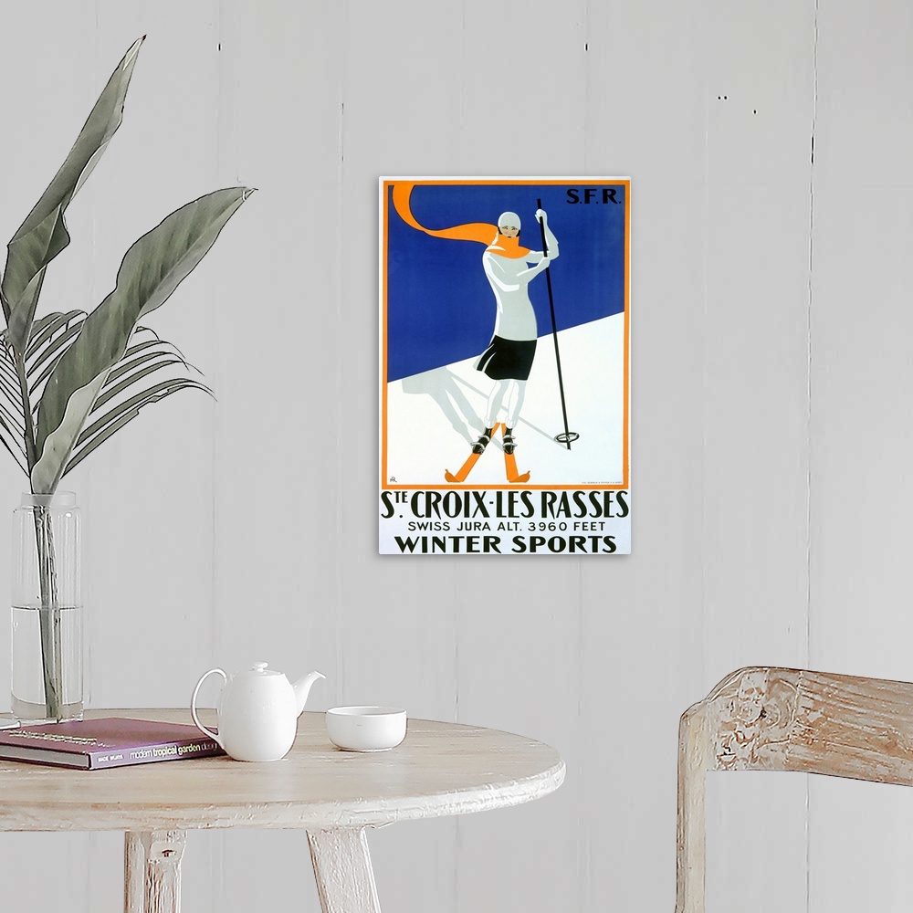 A farmhouse room featuring Woman Skiing, Ste. Croix, Les Rasses, Vintage Poster