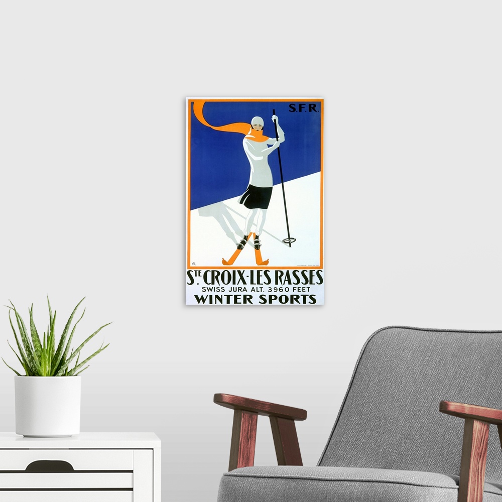 A modern room featuring Woman Skiing, Ste. Croix, Les Rasses, Vintage Poster