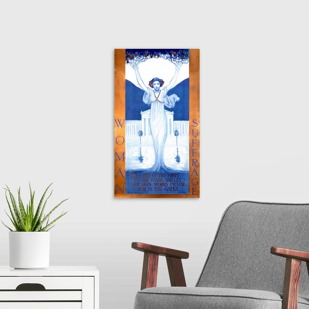 A modern room featuring Oversized, vertical vintage poster for woman suffrage, of a woman in a flowing gown that twists i...
