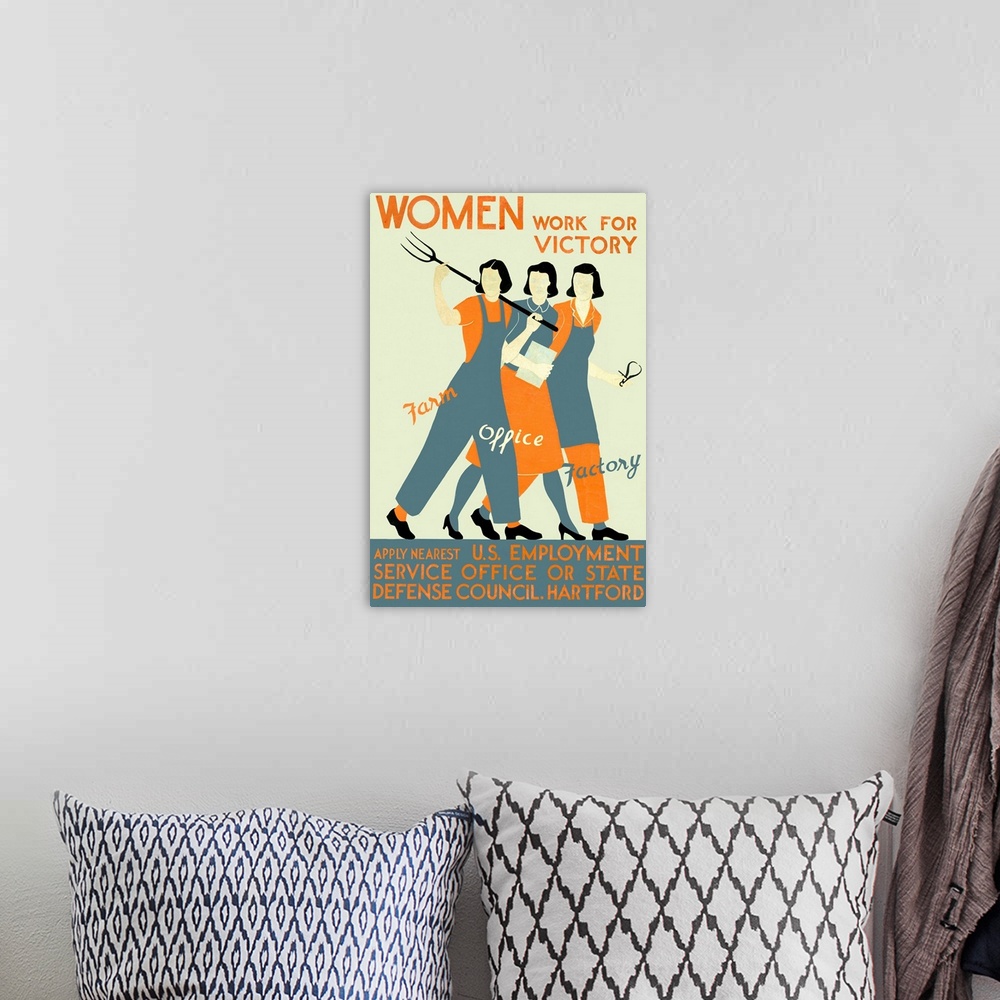 A bohemian room featuring Women, Work for Victory, Vintage Poster