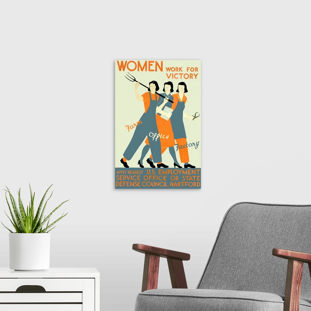 A modern room featuring Women, Work for Victory, Vintage Poster