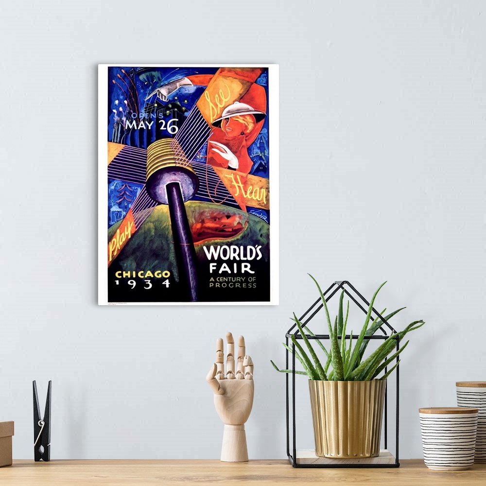A bohemian room featuring Worlds Fair Chicago, 1934, Vintage Poster, by Sandor