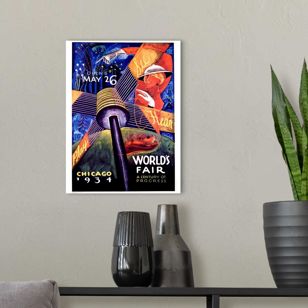 A modern room featuring Worlds Fair Chicago, 1934, Vintage Poster, by Sandor
