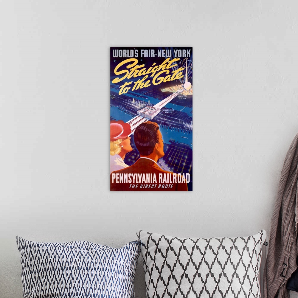 A bohemian room featuring Worlds Fair, New York, Straight to the Gate, Vintage Poster
