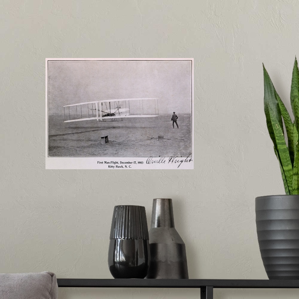 A modern room featuring Wright Brothers Flight at Kitty Hawk Vintage Photograph