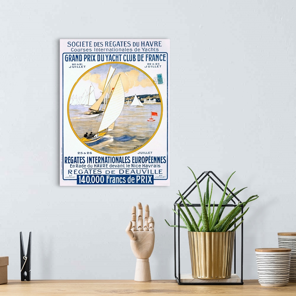 A bohemian room featuring Vintage French poster advertising the Grand Prix du Yacht Club de France with sailboats racing ar...