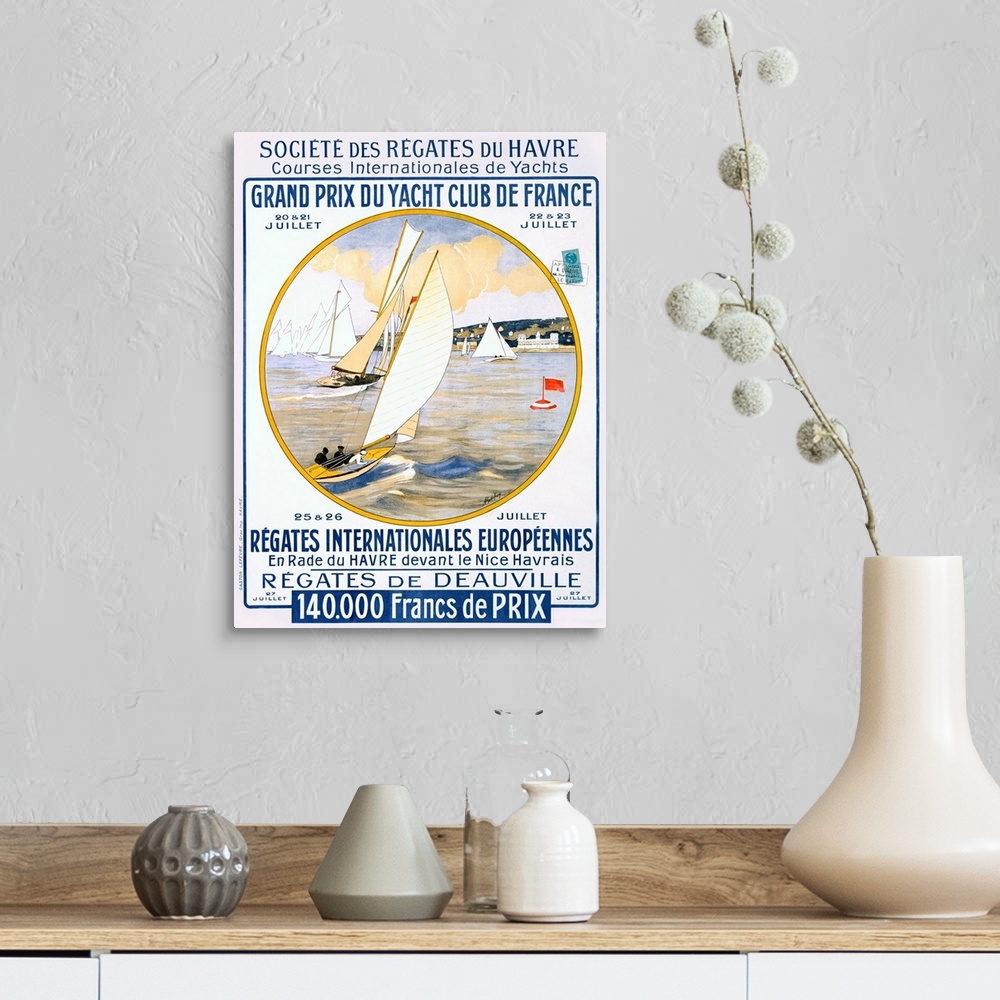 A farmhouse room featuring Vintage French poster advertising the Grand Prix du Yacht Club de France with sailboats racing ar...