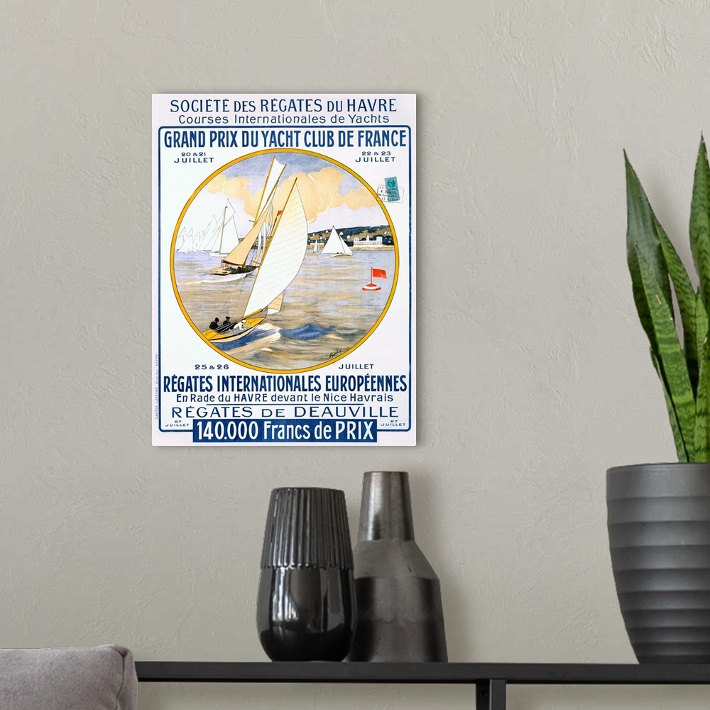 A modern room featuring Vintage French poster advertising the Grand Prix du Yacht Club de France with sailboats racing ar...