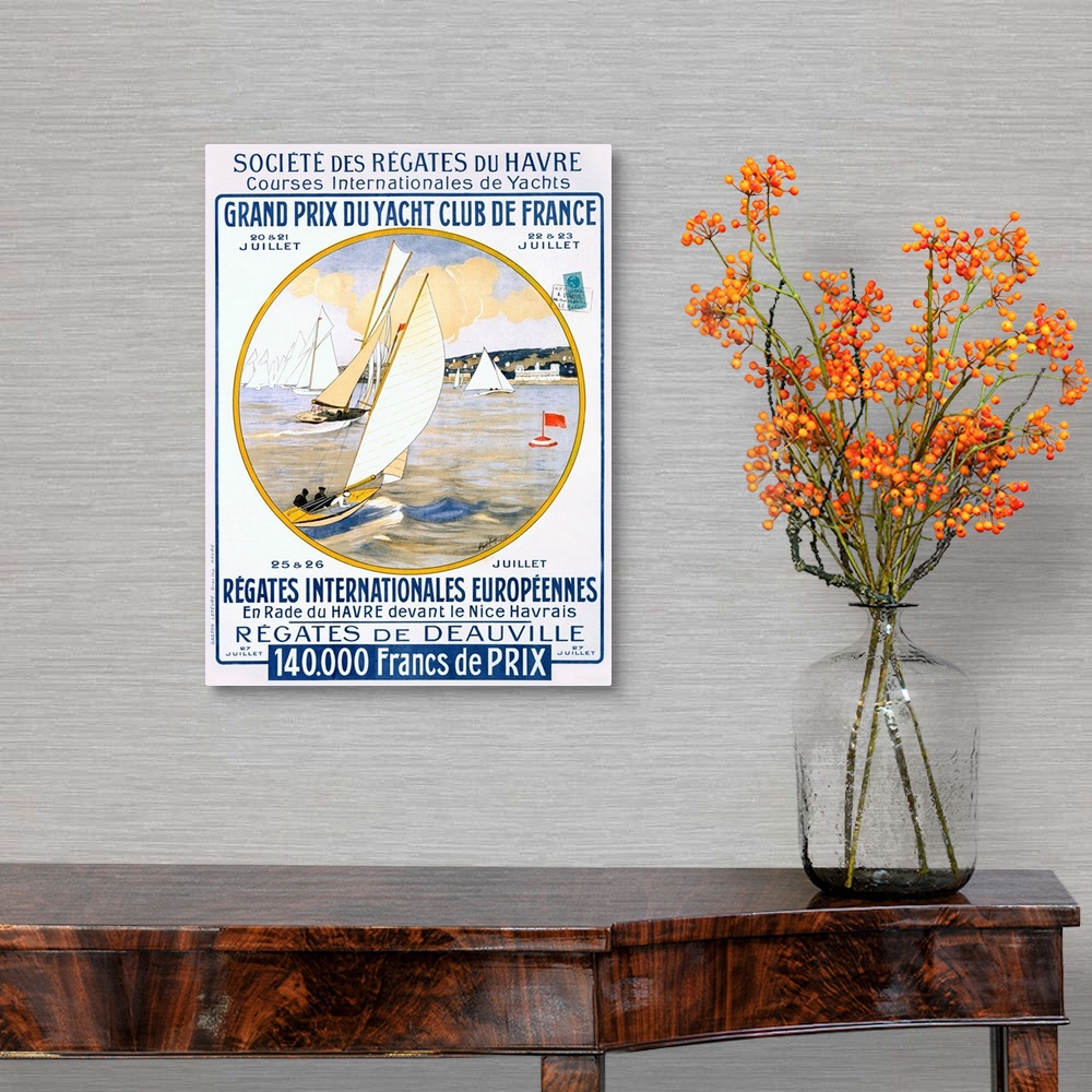 A traditional room featuring Vintage French poster advertising the Grand Prix du Yacht Club de France with sailboats racing ar...