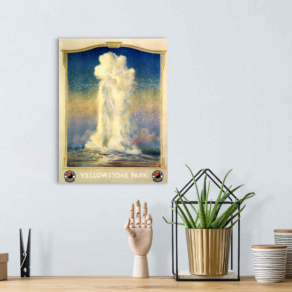 A bohemian room featuring Classic advertisement depicting a geyser erupting at American landmark Yellowstone Park.