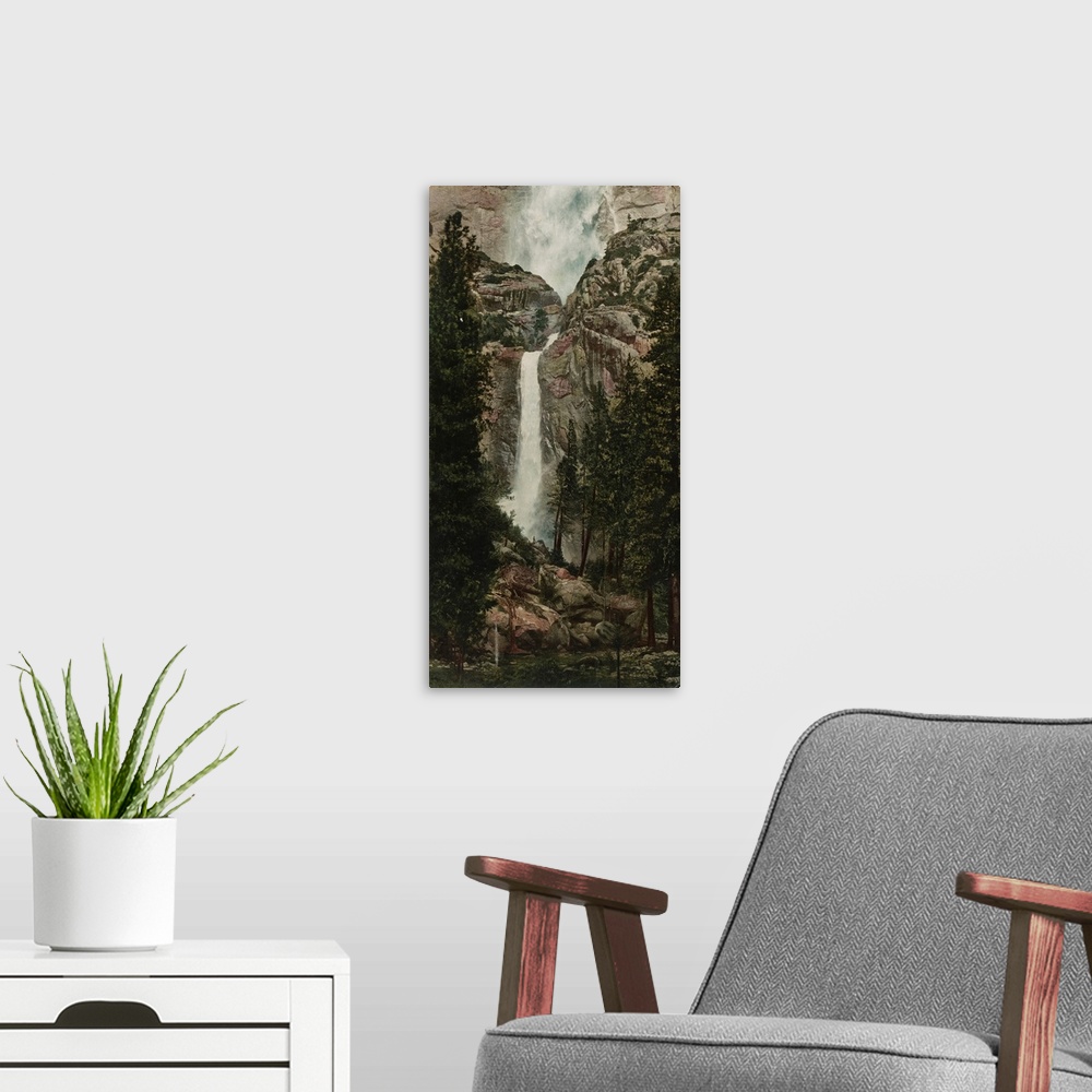 A modern room featuring Hand colored photograph of Yosemite falls, California.
